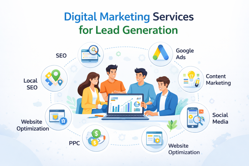 Digital marketing services for lead generation including SEO, Google Ads, social media marketing, and website optimization
